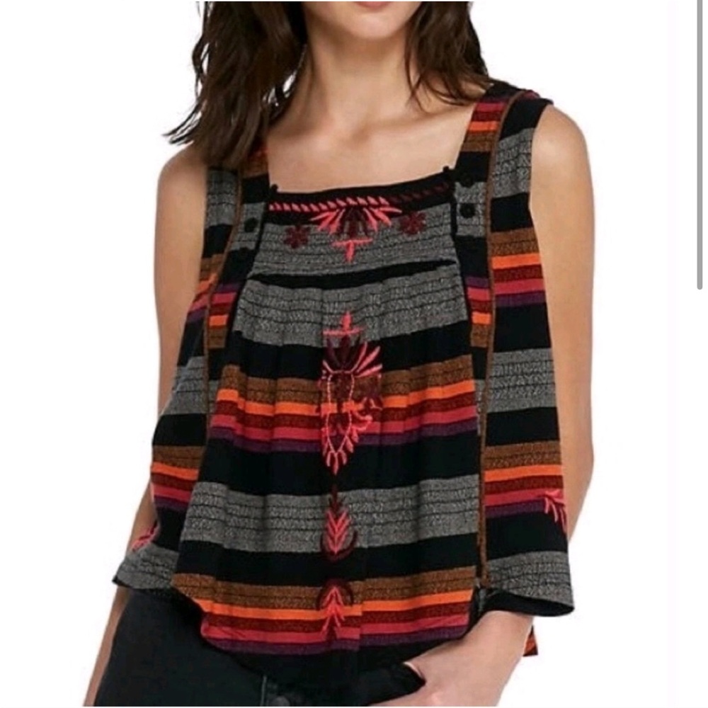 Free People Fall colors embroidered striped BoHo sleeveless swing tank top